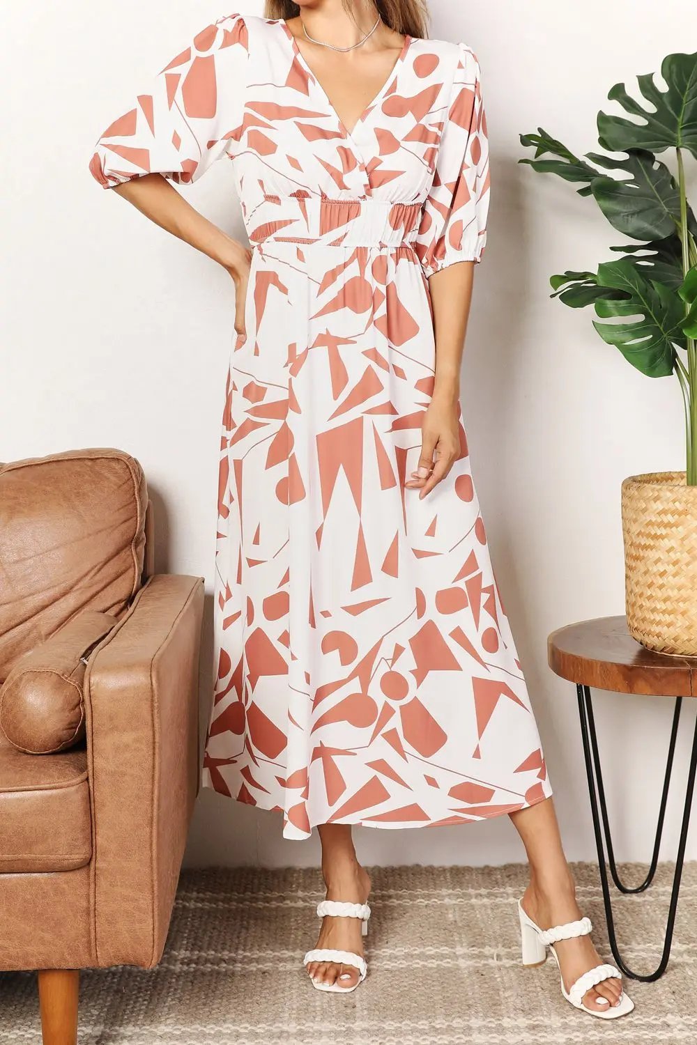 Double Take Printed Surplice Balloon Sleeve Dress - Love Salve